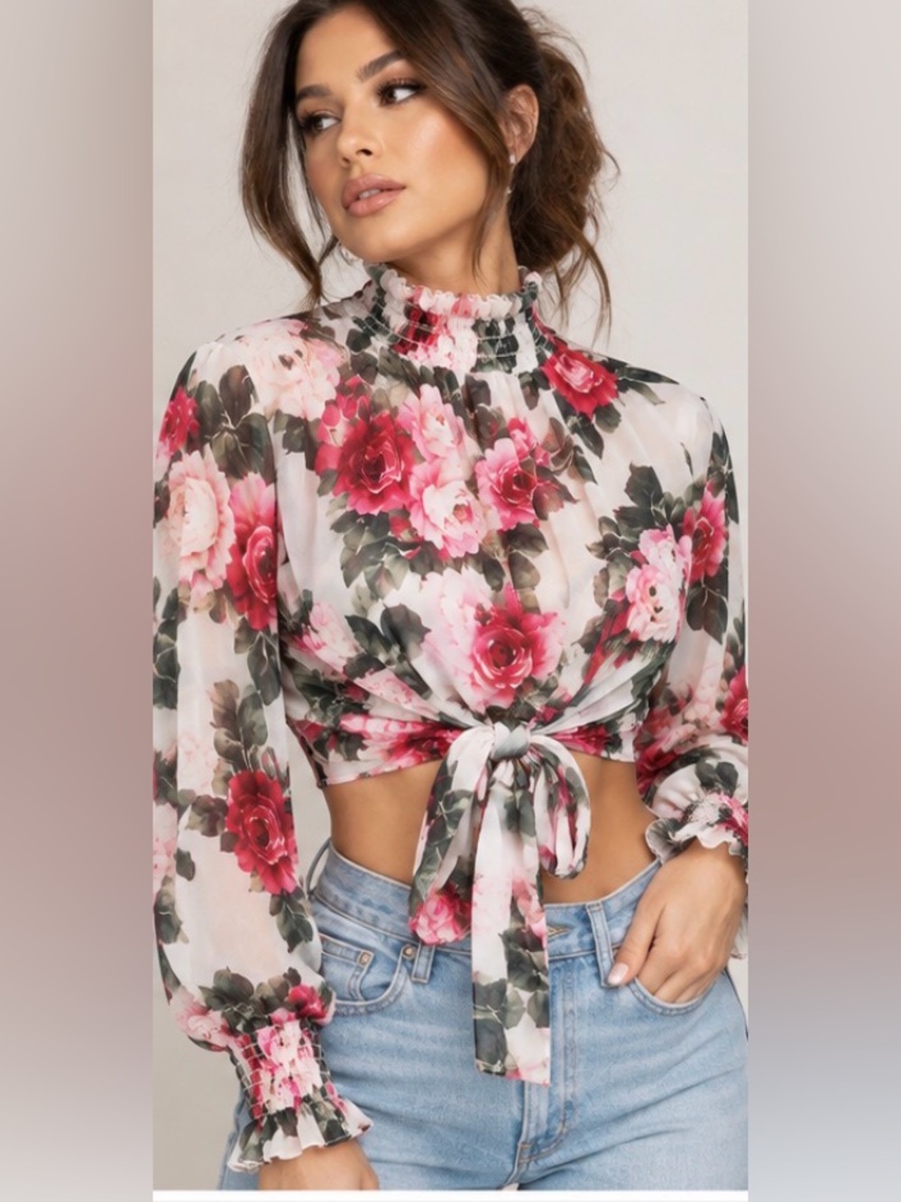 AKIRA Floral Sheer Tie Front Cropped Blouse Size Small